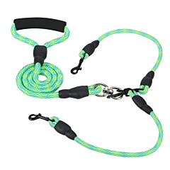 Double Dogs Leash No-tangle Dogs Lead Reflective Dogs Walking Leash W/ Swivel Coupler Padded Handle - Green