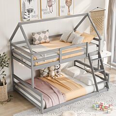 Twin Over Full House Bunk Bed With Built-in Ladder,gray - White
