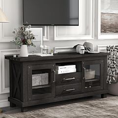 Retro Industrial Vintage Particleboard Tv Stand With Two Drawers And Open Style Shelves Glass Doors And Adjustable Shelf - Barnwood
