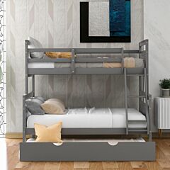 Twin Over Full Bunk Bed With Ladder, Twin Size Trundle, Safety Guardrail, Gray - Gray