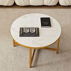 Sintered Stone Sofa Side Table Gold Metal Frame With Carrara White Color Top-32" - 32 Inch