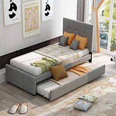 Linen Upholstered Platform Bed With Headboard And Trundle, Twin - Gray