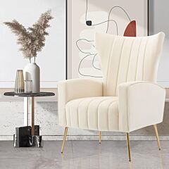 Velvet Accent Chair, Wingback Arm Chair With Gold Legs, Upholstered Single Sofa For Living Room Bedroom, White - White