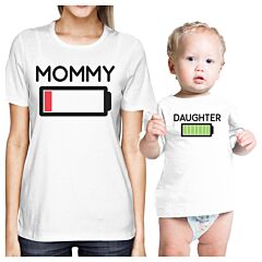 Mommy &amp; Daughter Battery White Mom and Baby Matching Outfits Gifts
