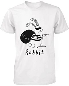 Men's Funny Graphic Tees - Robbit with Swag Bag White Cotton T-shirt