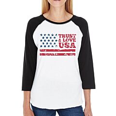 Trust &amp; Love USA Womens Black Raglan T-Shirt 3/4 Sleeve Round Neck