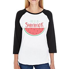 Hello Summer Watermelon Womens Black And White Baseball Shirt