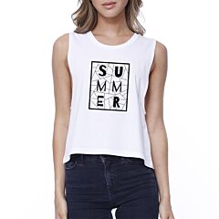 Summer Geometric Lettering Womens White Sleeveless Crop T-Shirt