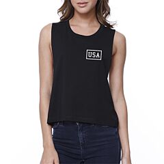 Mini USA Black Letter Printed Womens Black Graphic Crop T-Shirt
