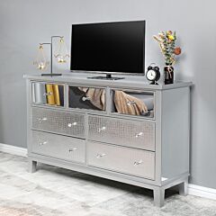 Fch Mirrored Glass Tv Stand With 7 Drawers Silver - Silver